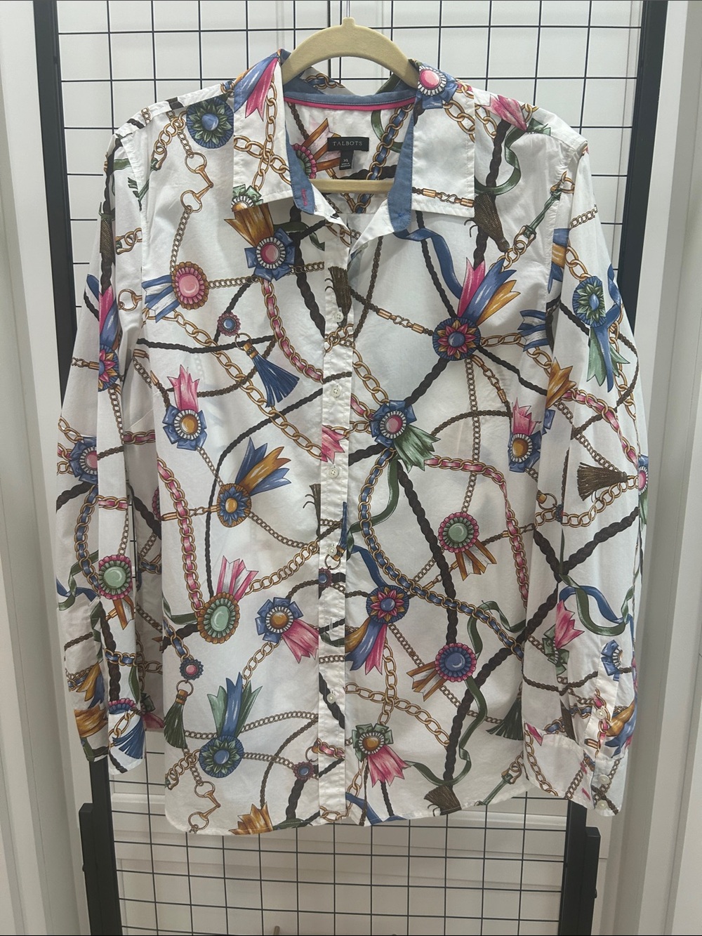 Talbots XL Equestrian Chain Print Button Up Blouse